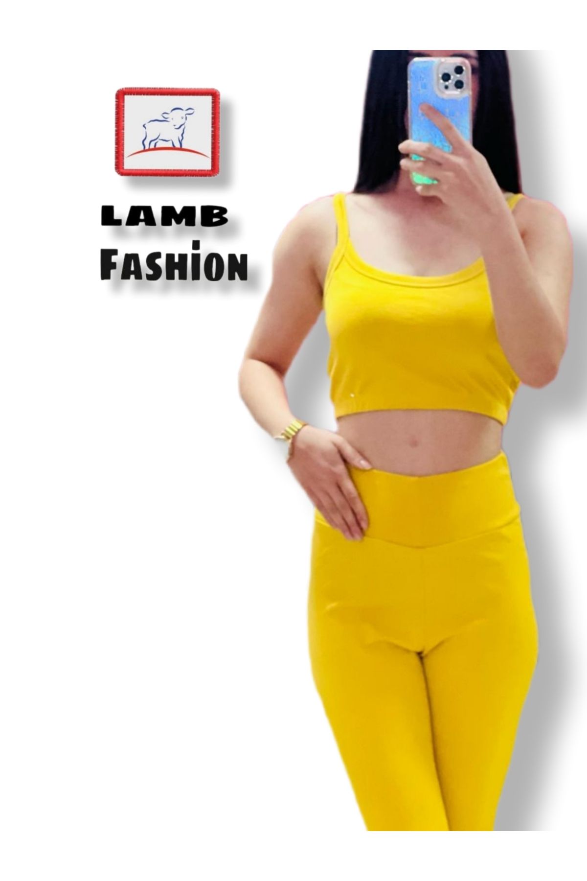 lamb fashion SARI İNCE ASKILI CROP TAYT  İKİLİ TAKIM