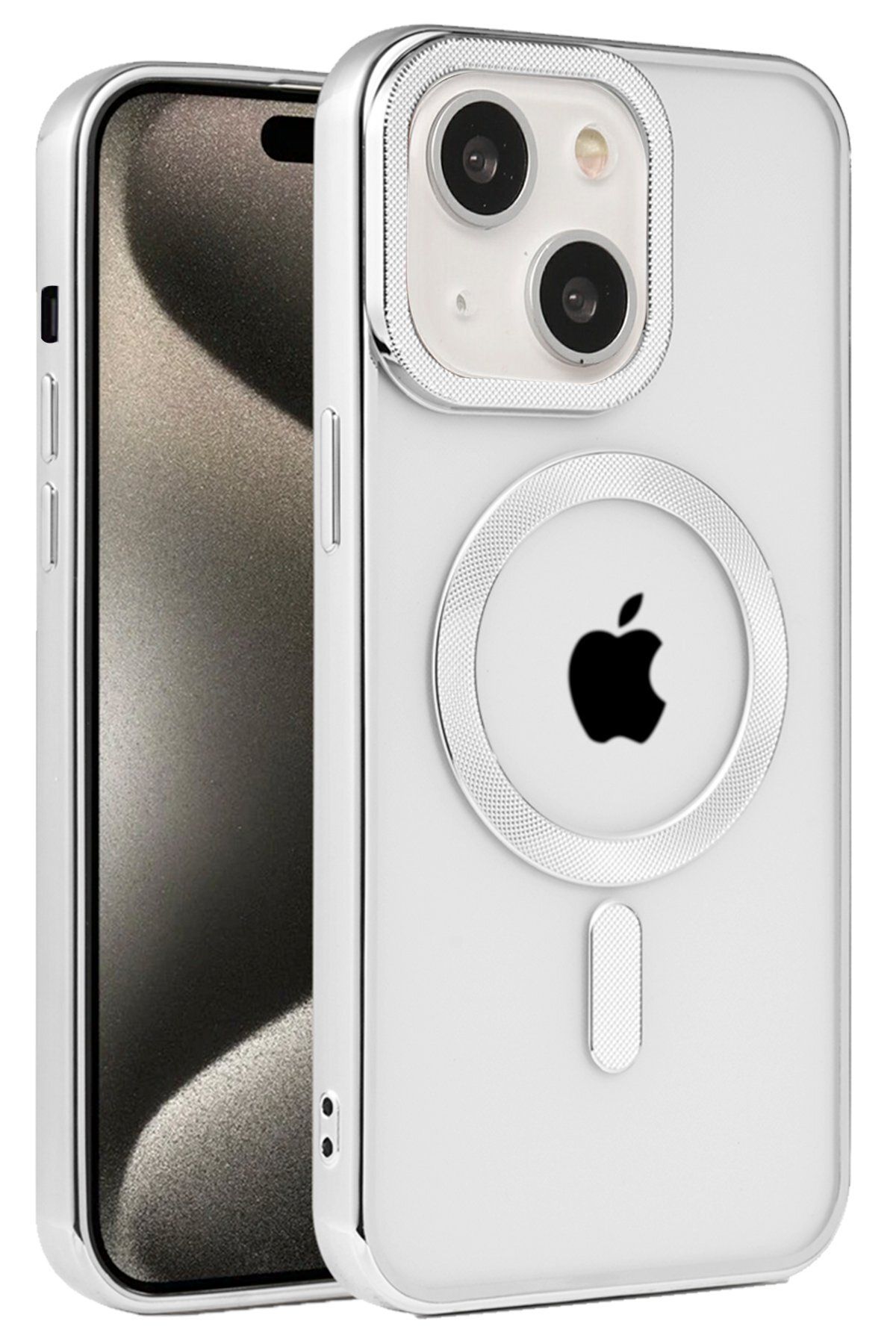 cepmoda iPhone 15 Kılıf Uyumlu Premium Magsafe Özel Tasarımlı Silikon Kapak - Gümüş