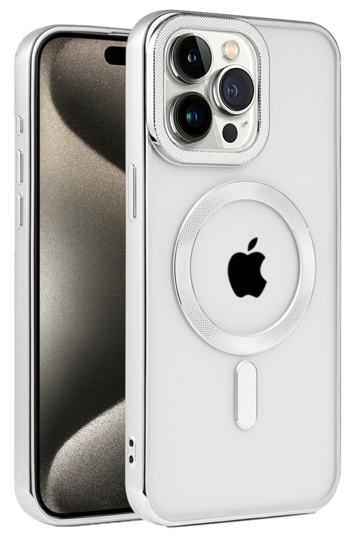 cepmoda iPhone 15 Pro Uyumlu Premium Magsafe Özel Tasarımlı Silikon Kapak - Gümüş