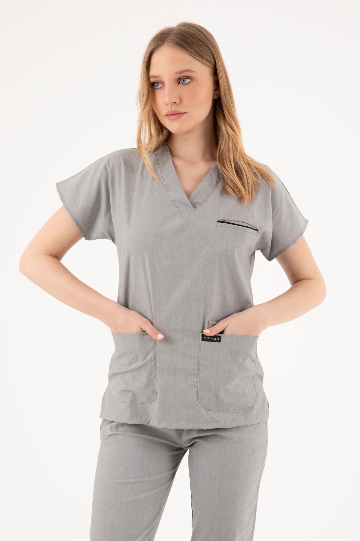 VİZYON UNIFORM Premium Likralı Fırçalı Gri Rengi Hemşire Forması Cerrahi Takım, Scrubs Takım (UNİSEX)