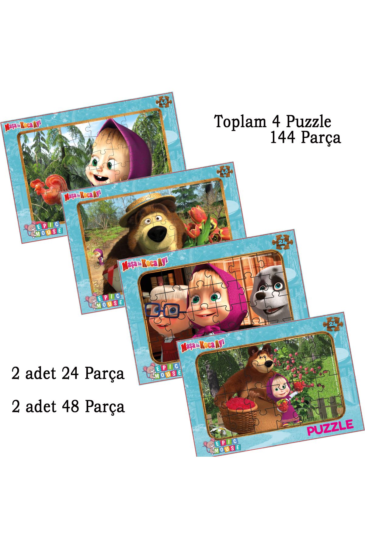 Epic Mouse Maşa ve Koca Ayı Eğitici 4lu Puzzle Seti- Yeni Başlayacaklara - 144 Parça Frame Puzzle/Yapboz