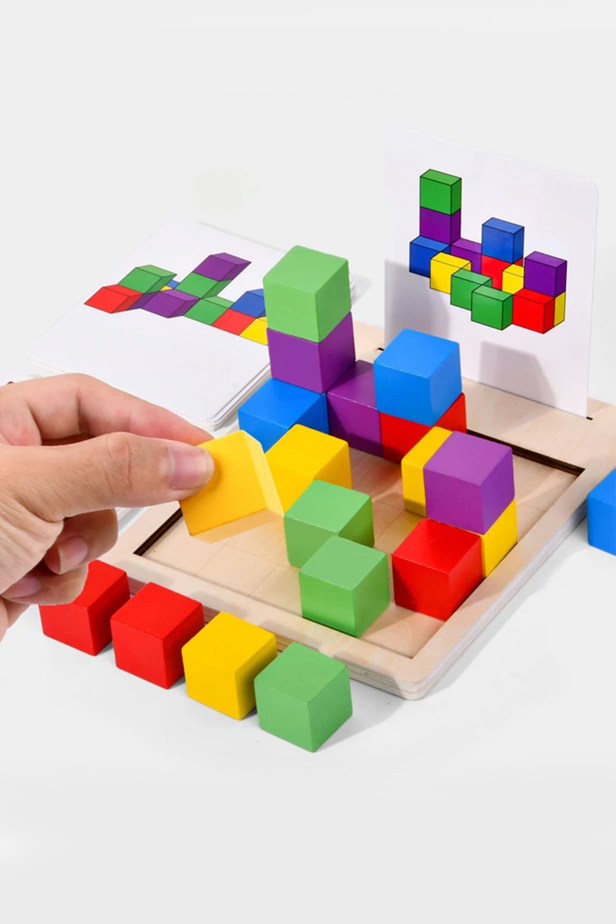 GONCA EĞİTİM Montessori 3 Boyutlu Zeka Geliştrici Küp Dizme Ahşap Eğitici Oyuncak-Renkli Küp Ahşap Puzzle Bloklar