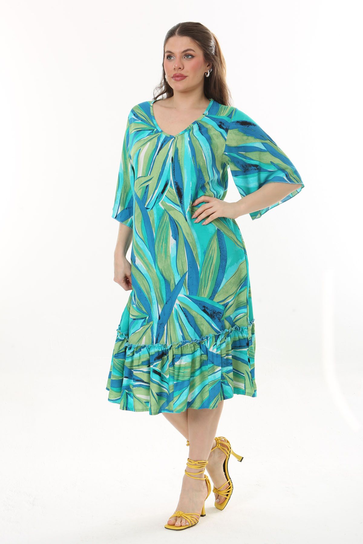 Mooi XXL Kadın Mavi Yeşil Yaprak Desen Eteği Fırfırlı Büyük Beden Bağlamalı Dokuma Viskon Elbise