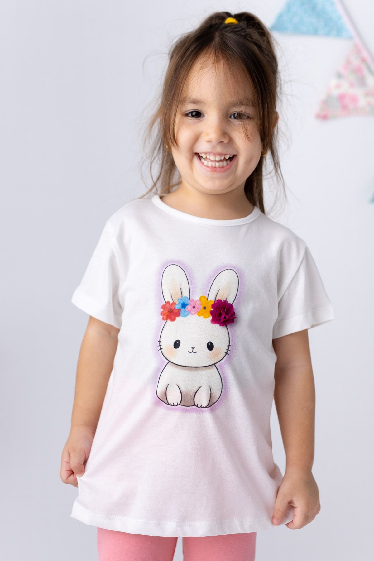 Zeyland Kız Çocuk Tavşan Baskılı 3 Boyutlu Çiçekli T-shirt