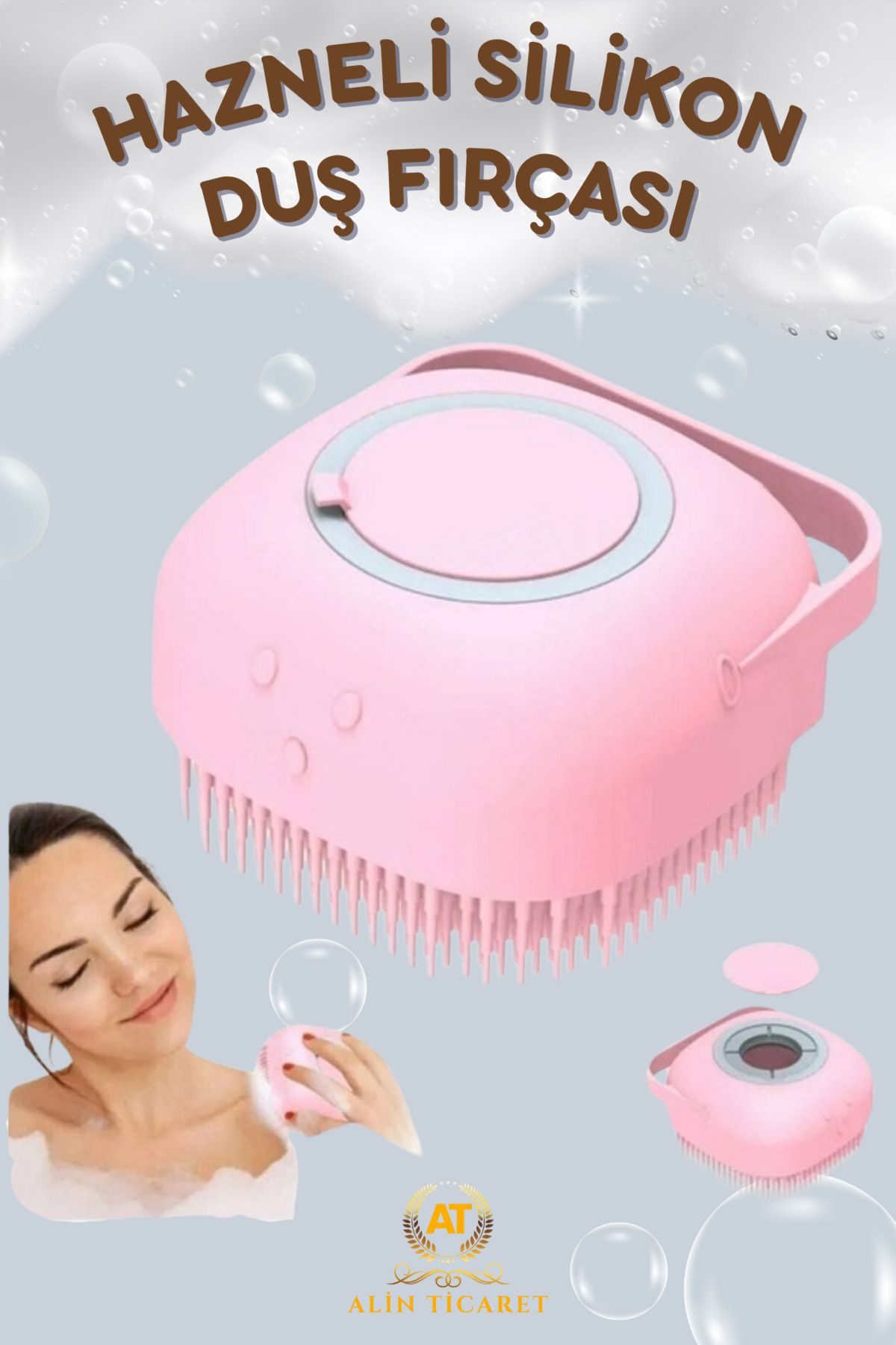 ALİN Şampuan Hazneli Silikon Peeling Duş Fırçası Pembe