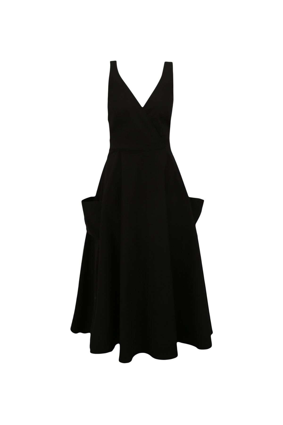 Fabrika V Yaka Düz Siyah Midi Kadın Elbise F4SL-ELB0126