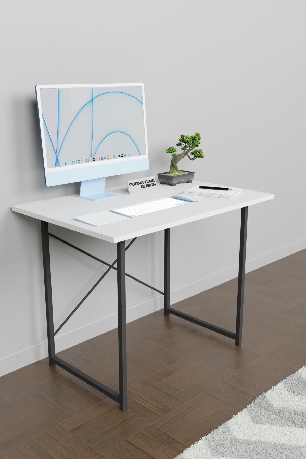 FurnatureDesign 60x90 Çalışma Masası Metal Ayaklı Ders Çalışma Ofis Masası Beyaz