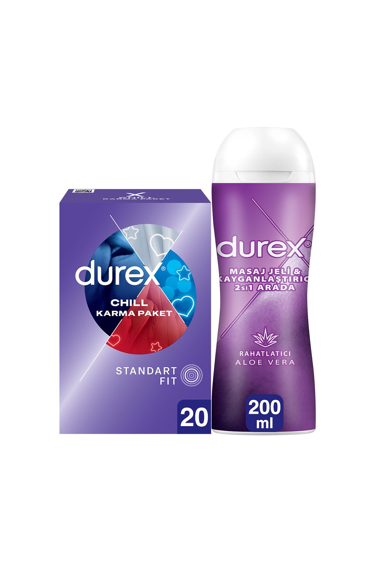 Durex Chill Karma Prezervatif 20’li + Aloe Vera 2si 1 Arada Kayganlaştırıcı & Masaj Jeli 200 Ml
