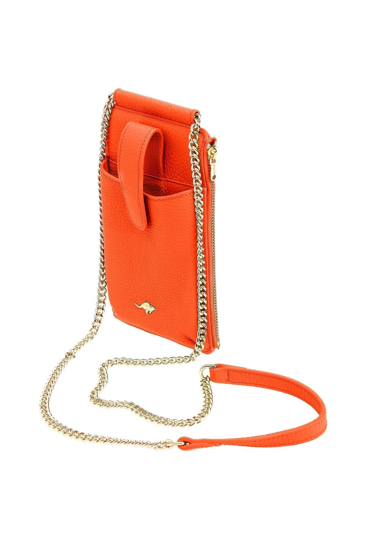 Deriderim Turuncu Altın Zincir Saplı Telefon ve Kartlık Bölmeli Hakiki Deri Fermuarlı Kadın Cüzdan Çanta