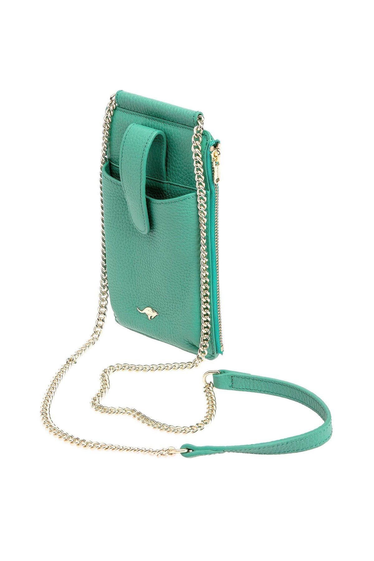 Deriderim Yeşil Altın Zincir Saplı Telefon ve Kartlık Bölmeli Hakiki Deri Fermuarlı Kadın Cüzdan Çanta
