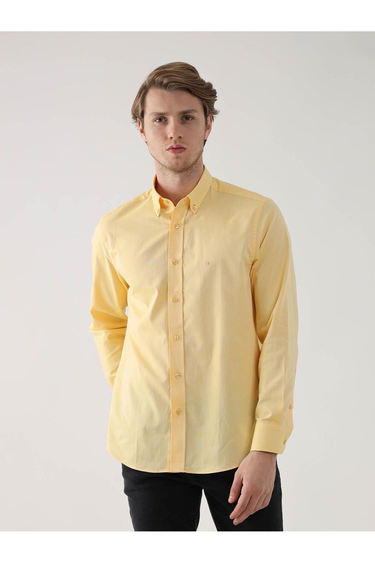 Dufy Sarı Erkek Regular Fit Oxford Brent Düğmeli Yaka Uzun Kol Gömlek - 94862