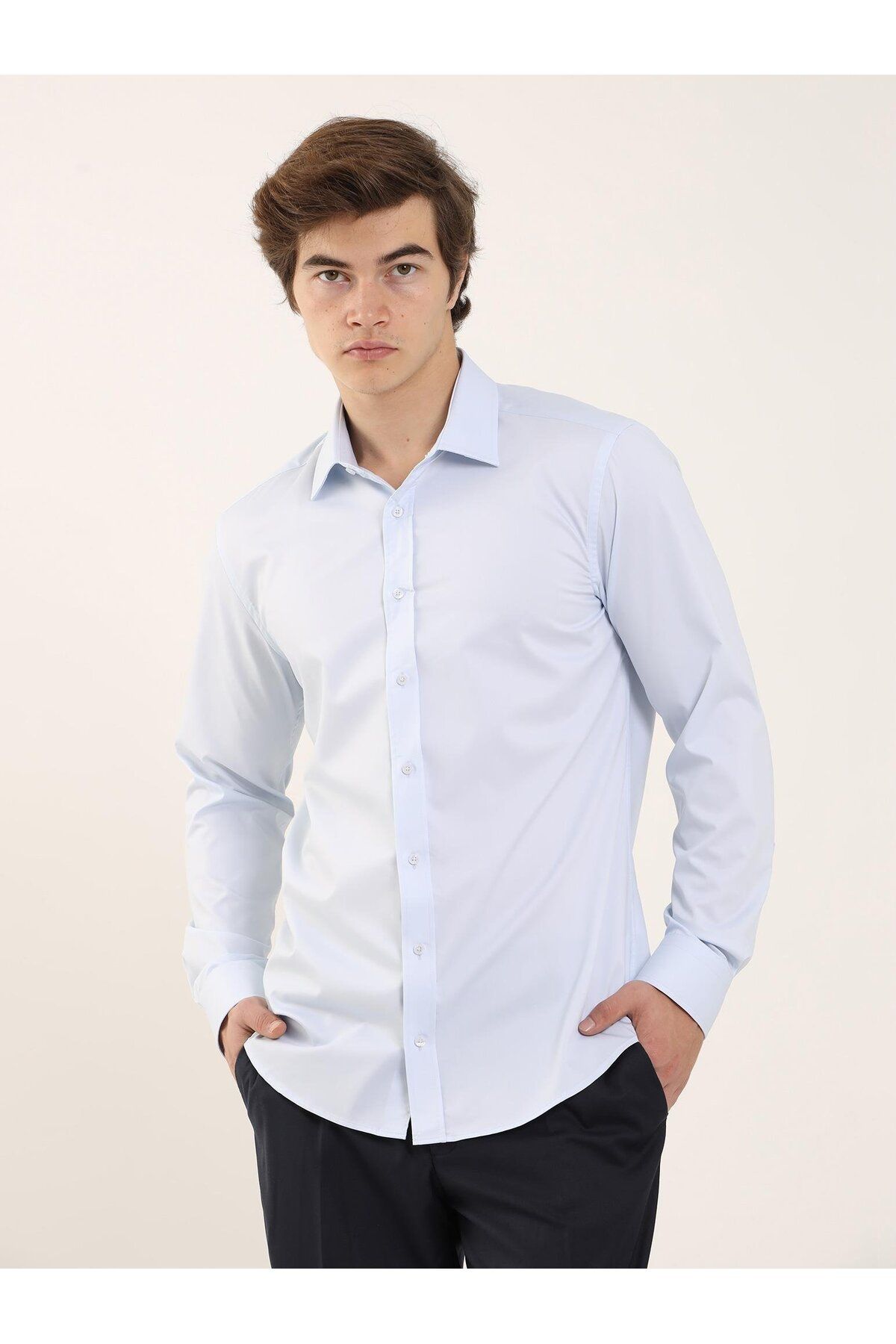 Dufy Mavi Erkek Slim Fit Klasik Yaka Uzun Kol Gömlek - 103149