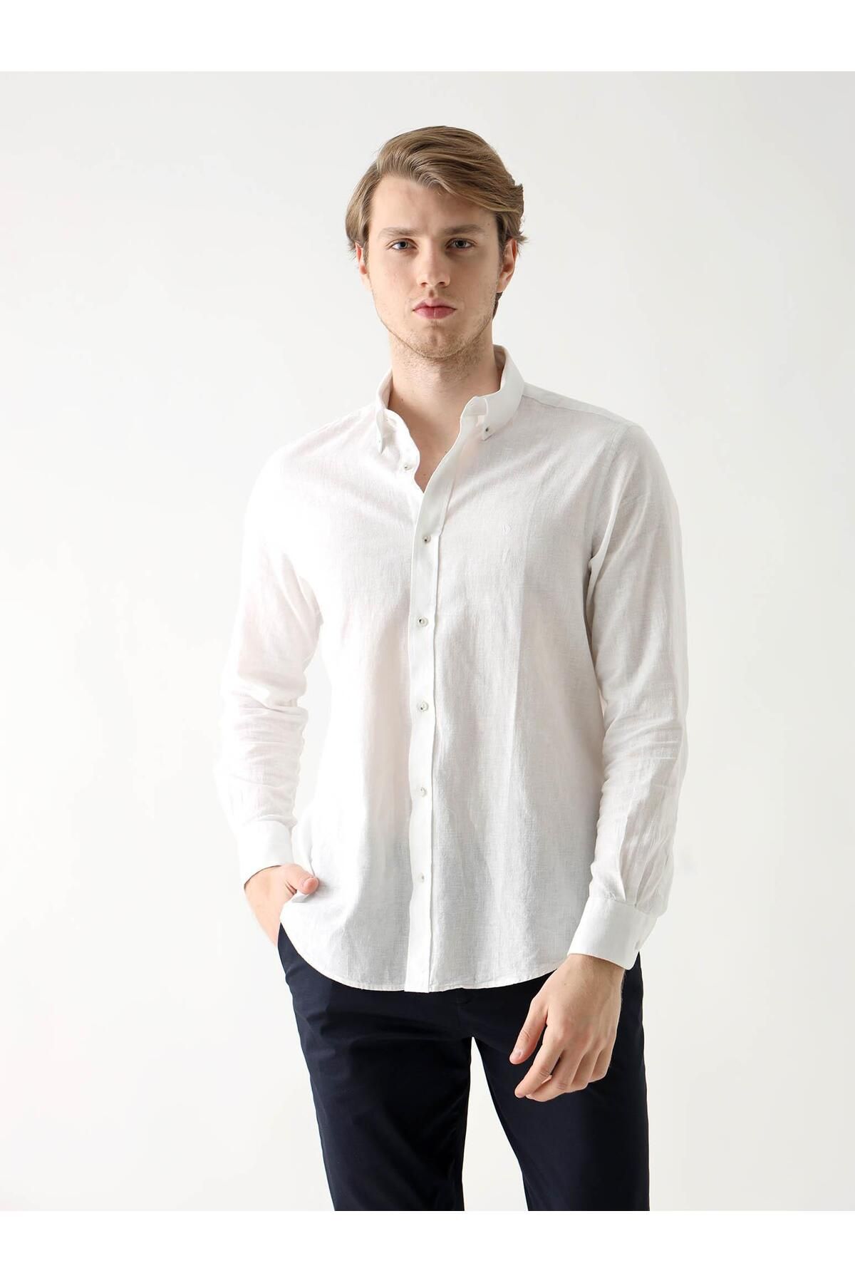 Dufy Beyaz Erkek Regular Fit Düz Brent Düğmeli Yaka Uzun Kol Gömlek - 94573