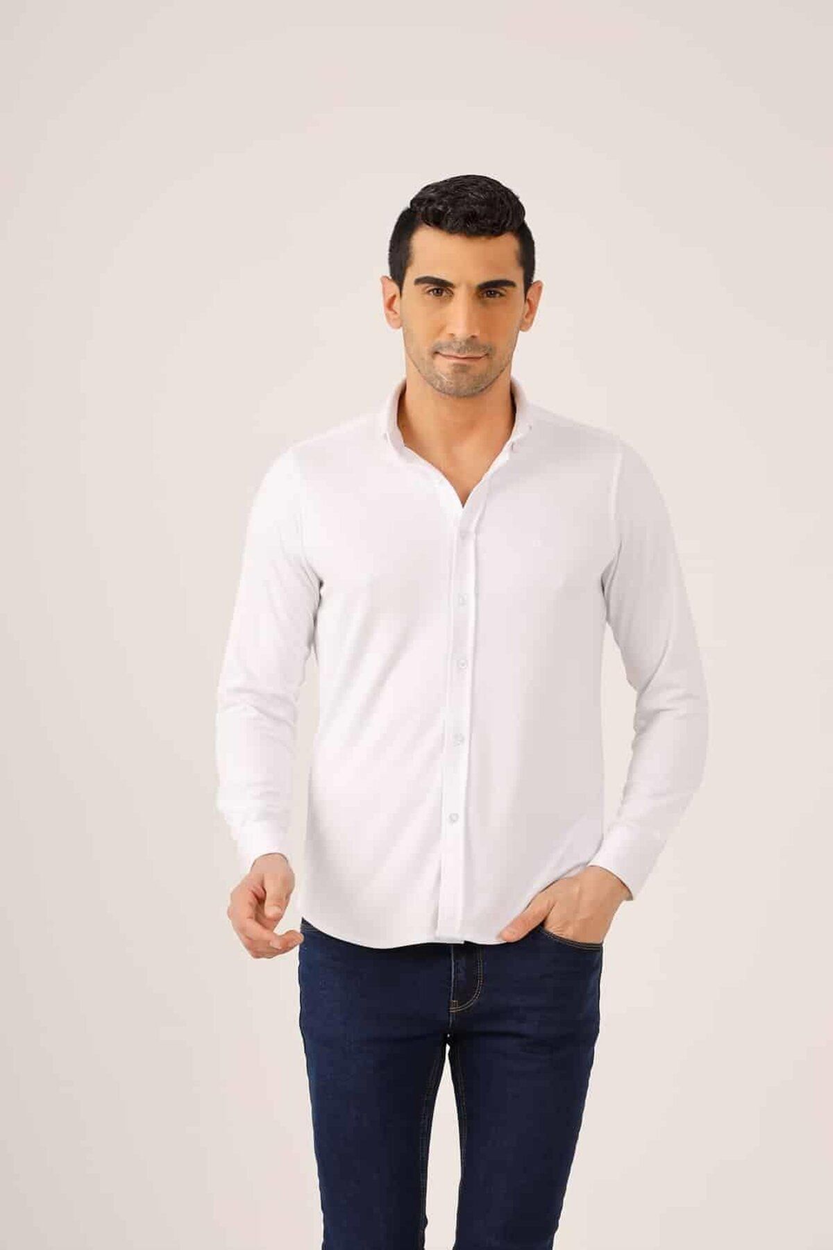 Dufy Beyaz Erkek Slim Fit Düz Brent Alttan Düğmeli Yaka Uzun Kol Gömlek - 89969