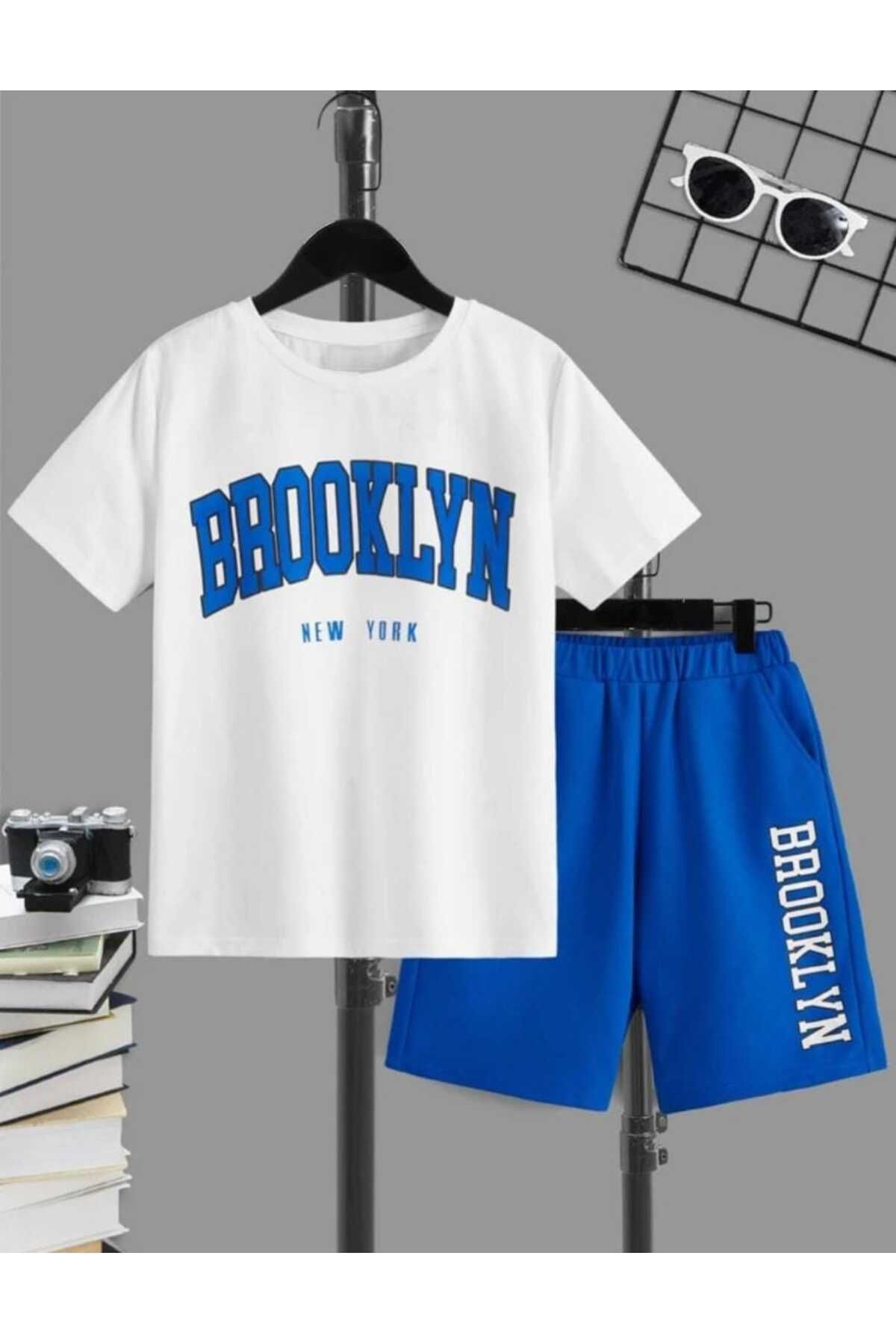 ZEYSA KİDS Erkek/Kız Çocuk Brooklyn Baskılı Beyaz Mavi Tshirt Şort Takım