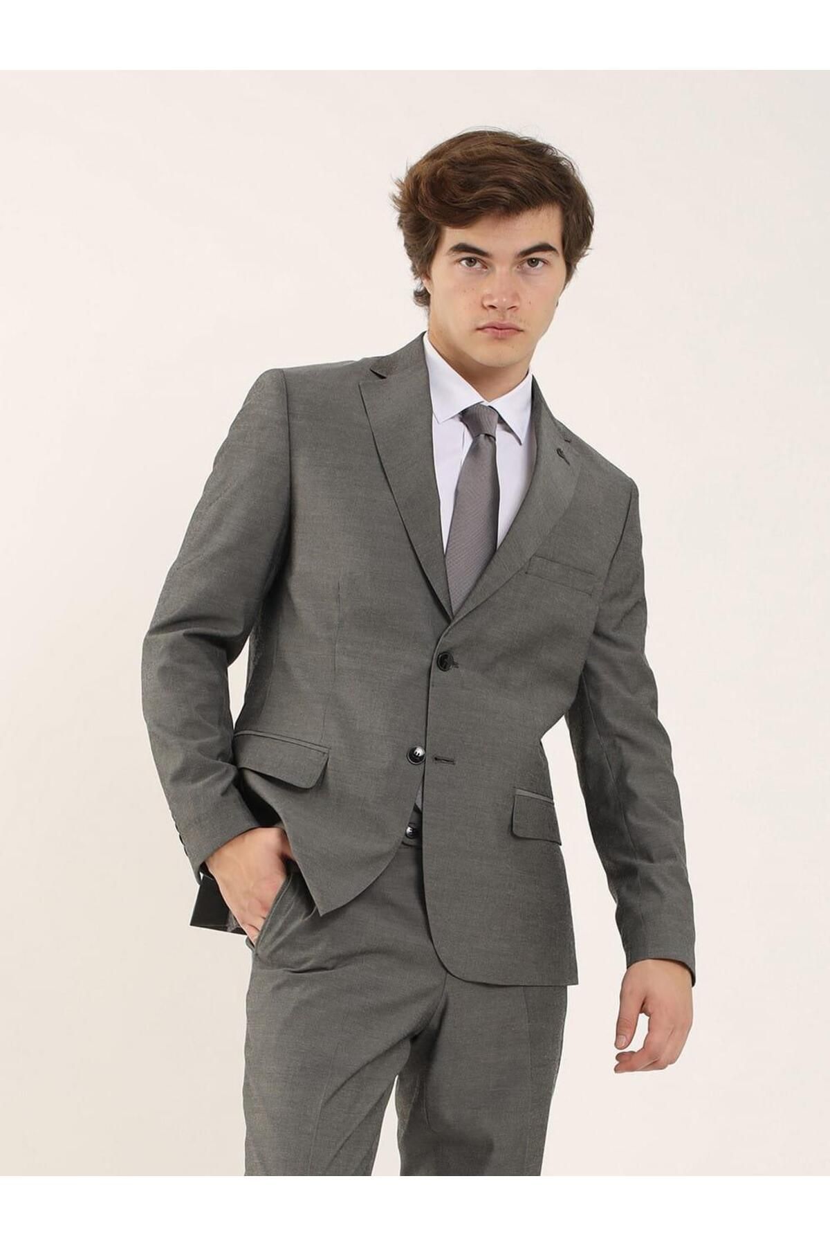 Dufy Açık Gri Erkek Regular Fit Düz Klasik Mono Yaka Takım Elbise - 92036
