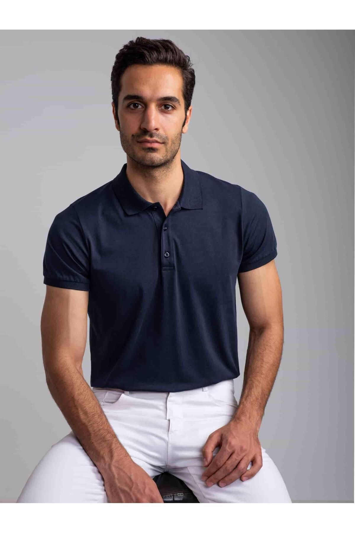 Dufy Lacivert Erkek Slim Fit Düz Pamuklu Polo Yaka Tshirt - 62426