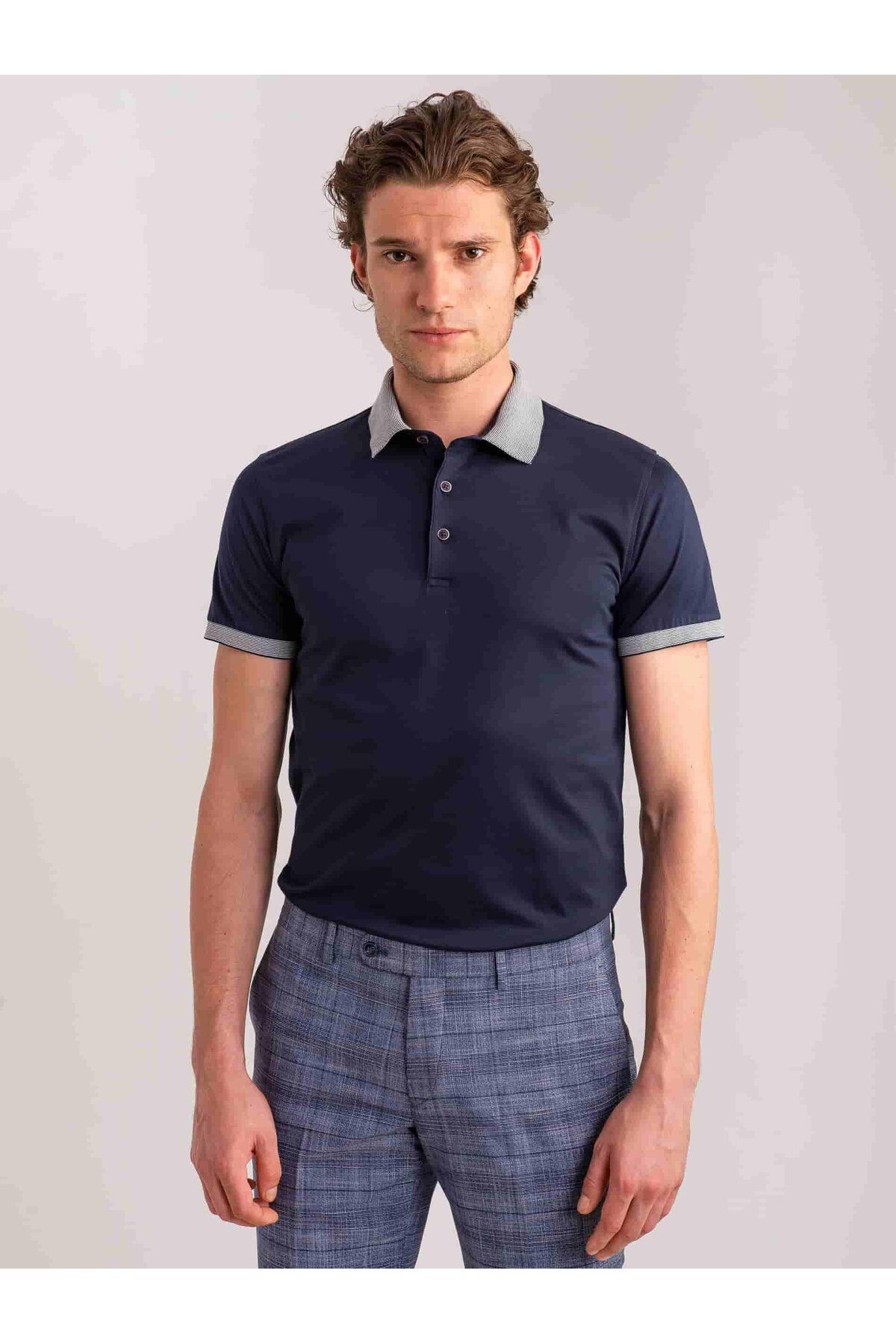 Dufy Lacivert Erkek Slim Fit Düz Casual Polo Yaka Tshirt - 55011