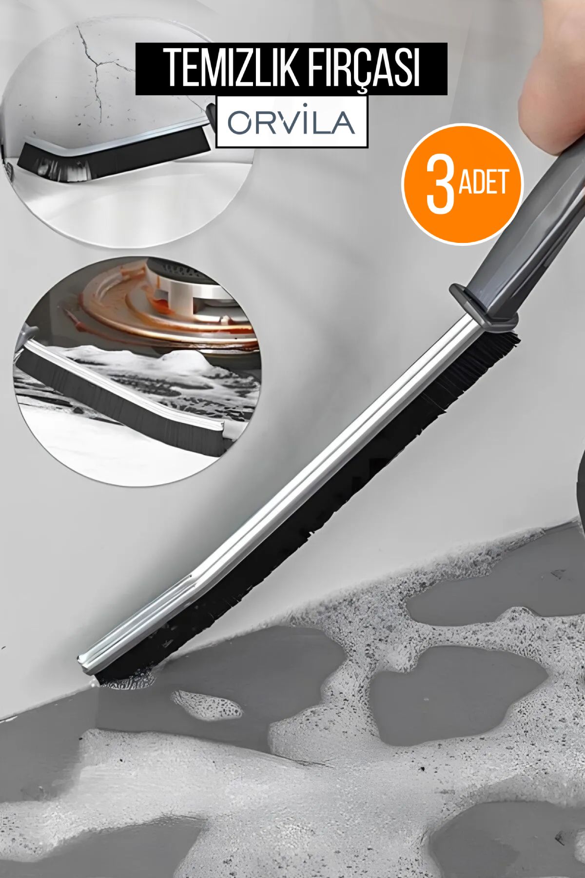 Orvila 3'Lü Ince Detaylı Temizlik Fırçası | Dar Köşe Kıl Saplı Fırçası Banyo Mutfak 23 Cm