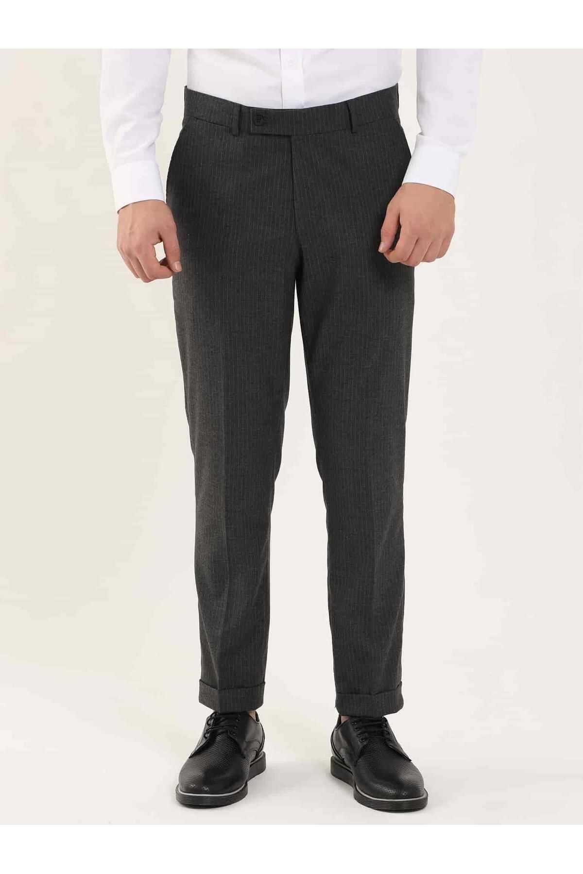 Dufy Koyu Gri Erkek Slim Fit Çizgili Klasik Pantolon - 97615