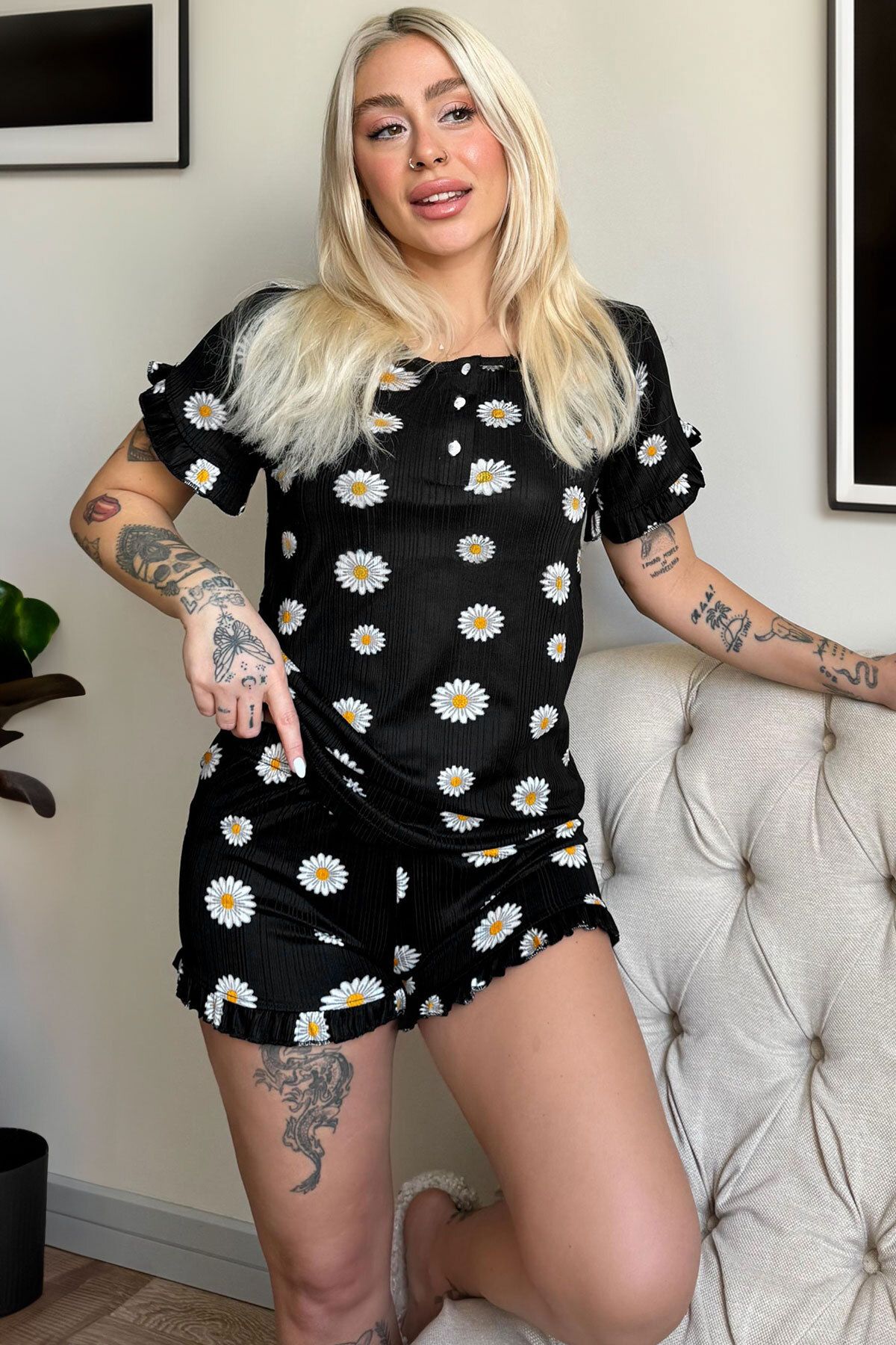 Pijamaevi Papatya Desenli Örme Kısa Kol Şortlu Pijama Takımı
