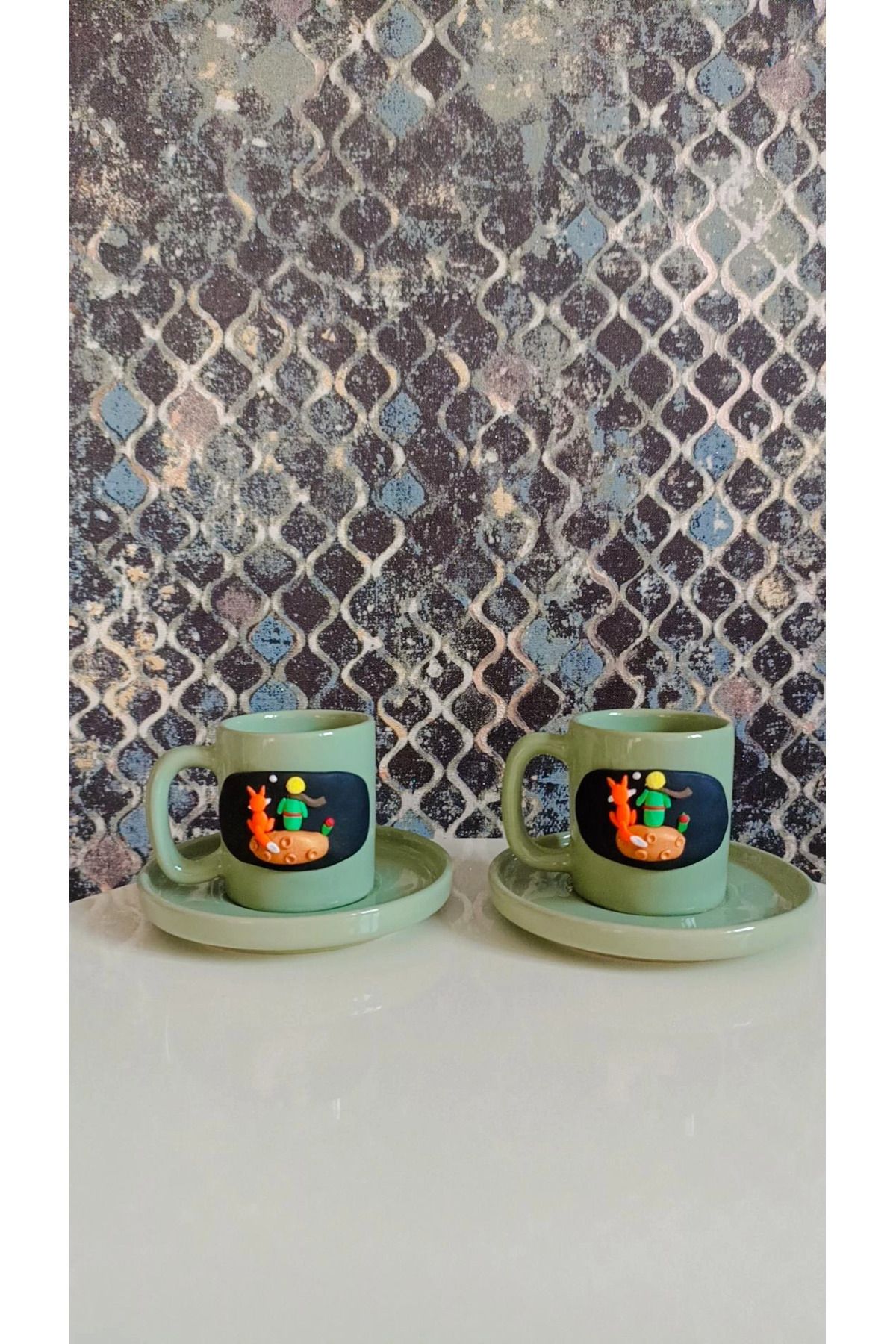 sultanworks Küçük Prens 2 Li Kahve Fincanı Özel Tasarım El Yapimi Yeşil Renk Fincan Seti