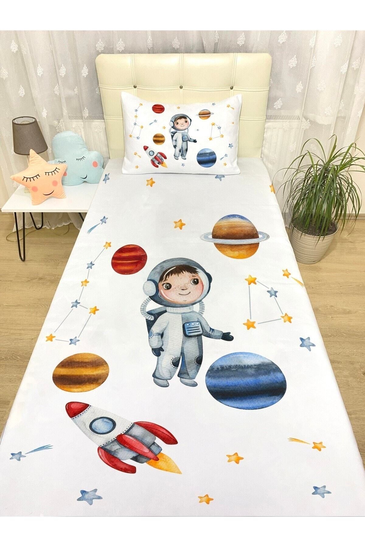 Rual Bebek& Çocuk OdasıAstronot Çocuk Desenli Yatak Örtüsü Ve Yastık Kılıfı