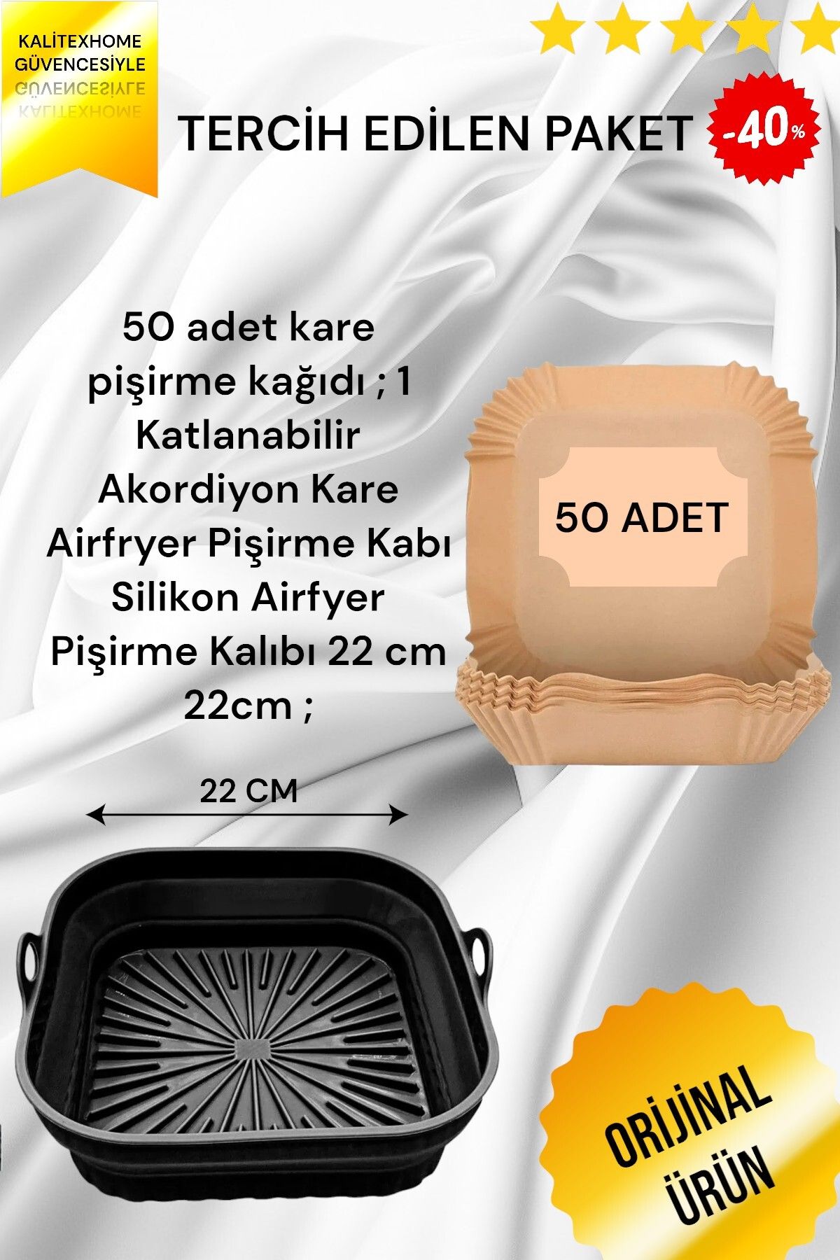 kalitexhome 2li Xxl Xl Setkatlanabilir Akordiyon Kare Airfryer Pişirme Kabı Silikon Air Fryer Yagli Kagit50 Adet