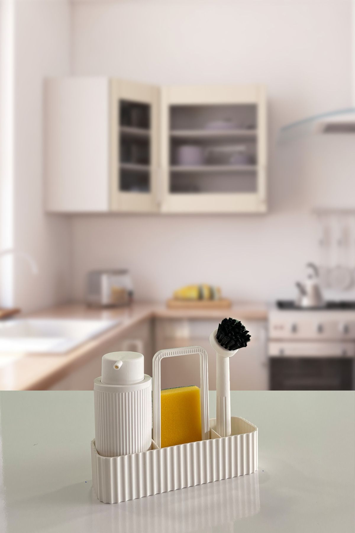 BİLTAŞ PLASTİK Milena Beyaz Fırçalı Mutfak Seti Sıvı Sabunluk Fırçalık Süngerlik & Bez Askılığı