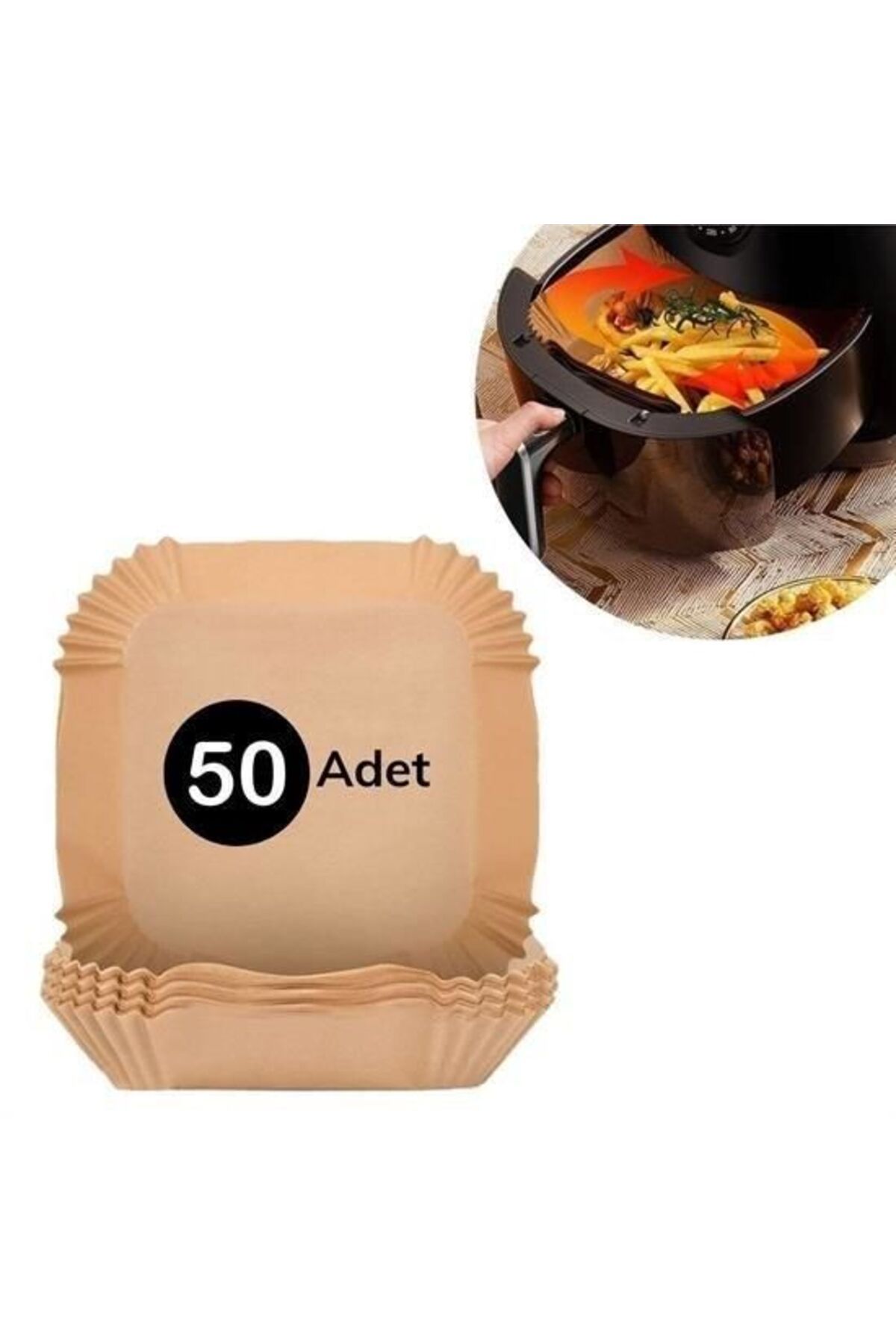 sinerjim 50 Adet Air Fryer Pişirme Kağıdı Tek Kullanımlık Hava Fritöz Yağ Geçirmez Yapışmaz Kare Tabak Model