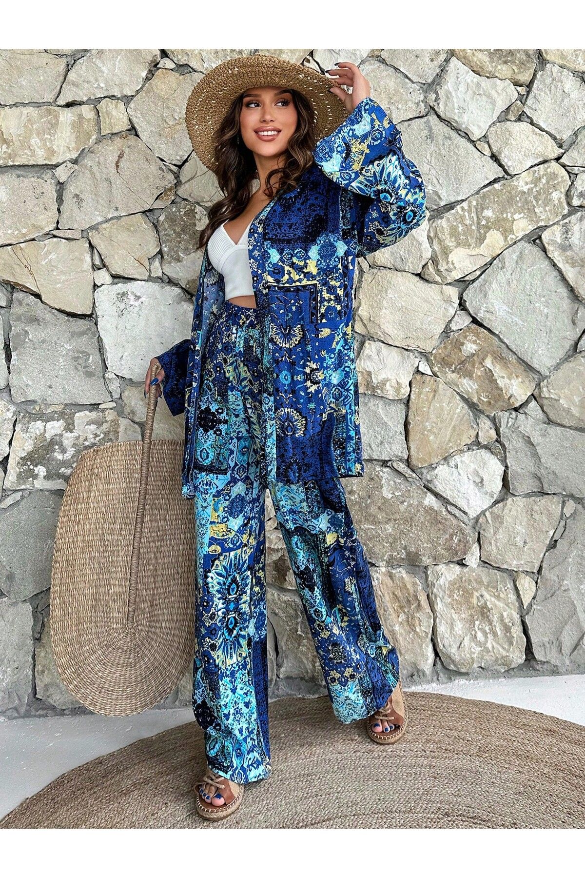 forte bella Kadın Kilim Desenli Kimono Pantolon Takım