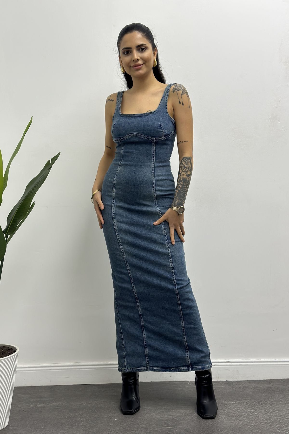 CurcunaShop Kadın Askılı Streç Kot Elbise