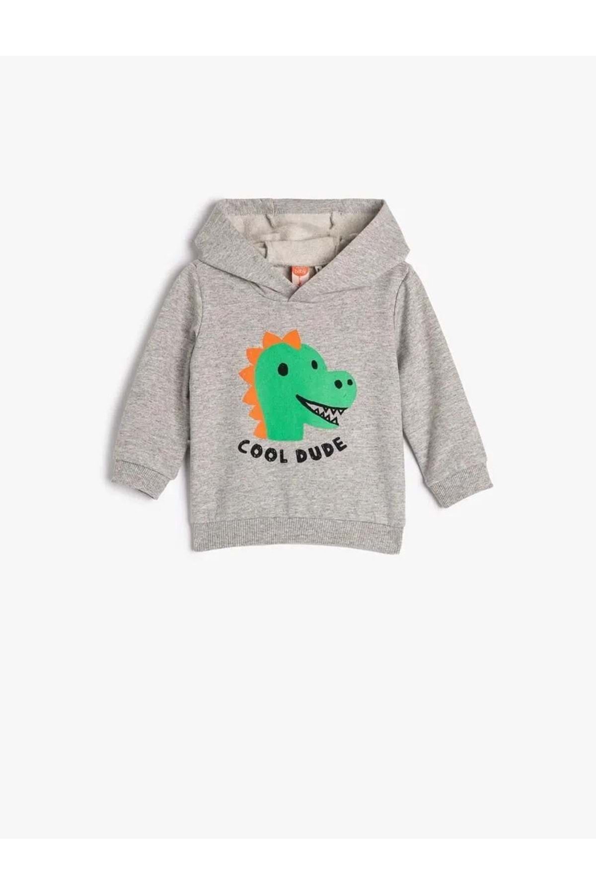 Koton Erkek Bebek Kapşonlu Sweatshirt Şardonlu Dinozor Baskılı GRİ