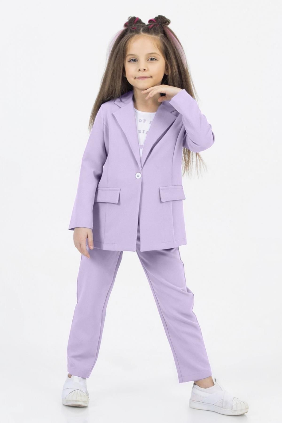 Riccotarz Kız Çocuk Sevimli Baskı Detaylı Fitilli Bluz Kaşkorse Blazer Ceket Lila Alt Üst Takım