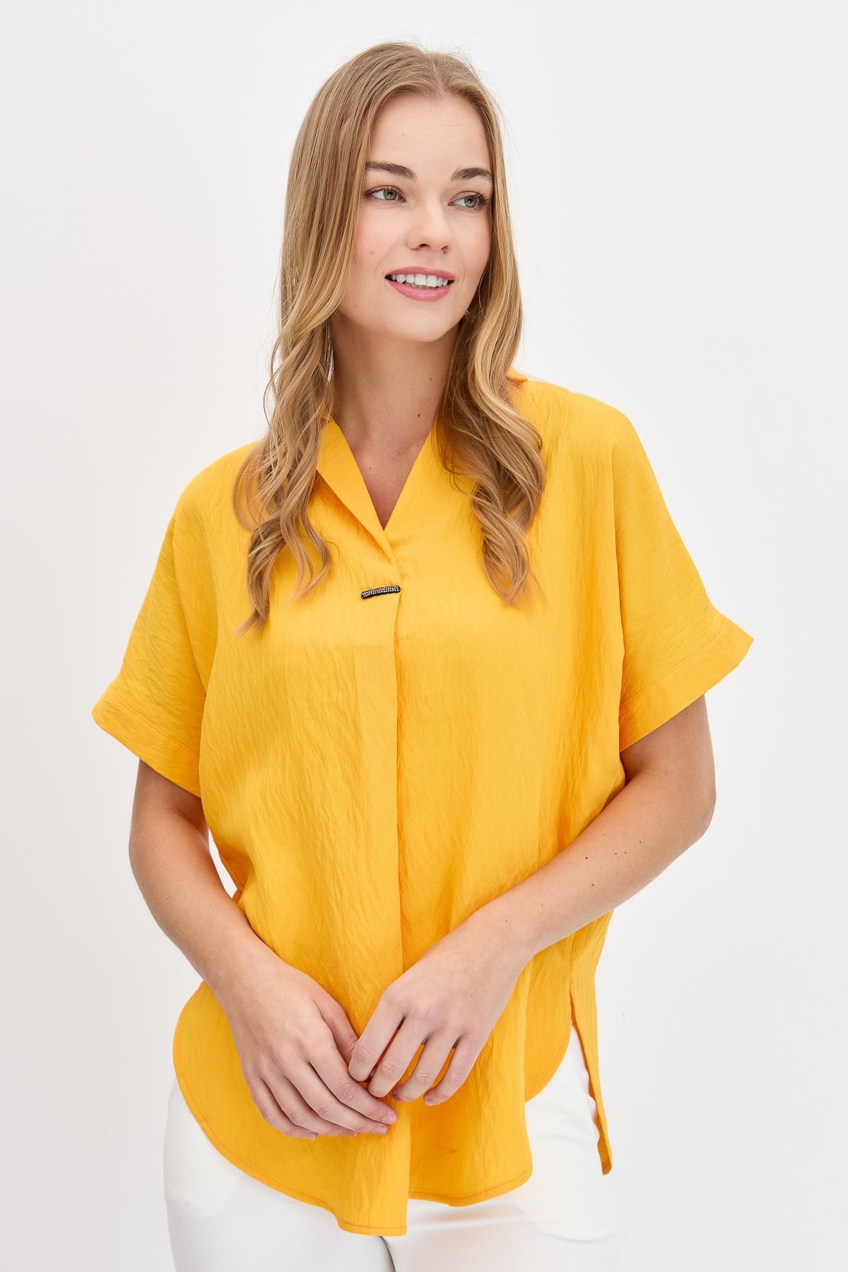Desen Triko Kadın Önü Tokalı Bluz Sarı