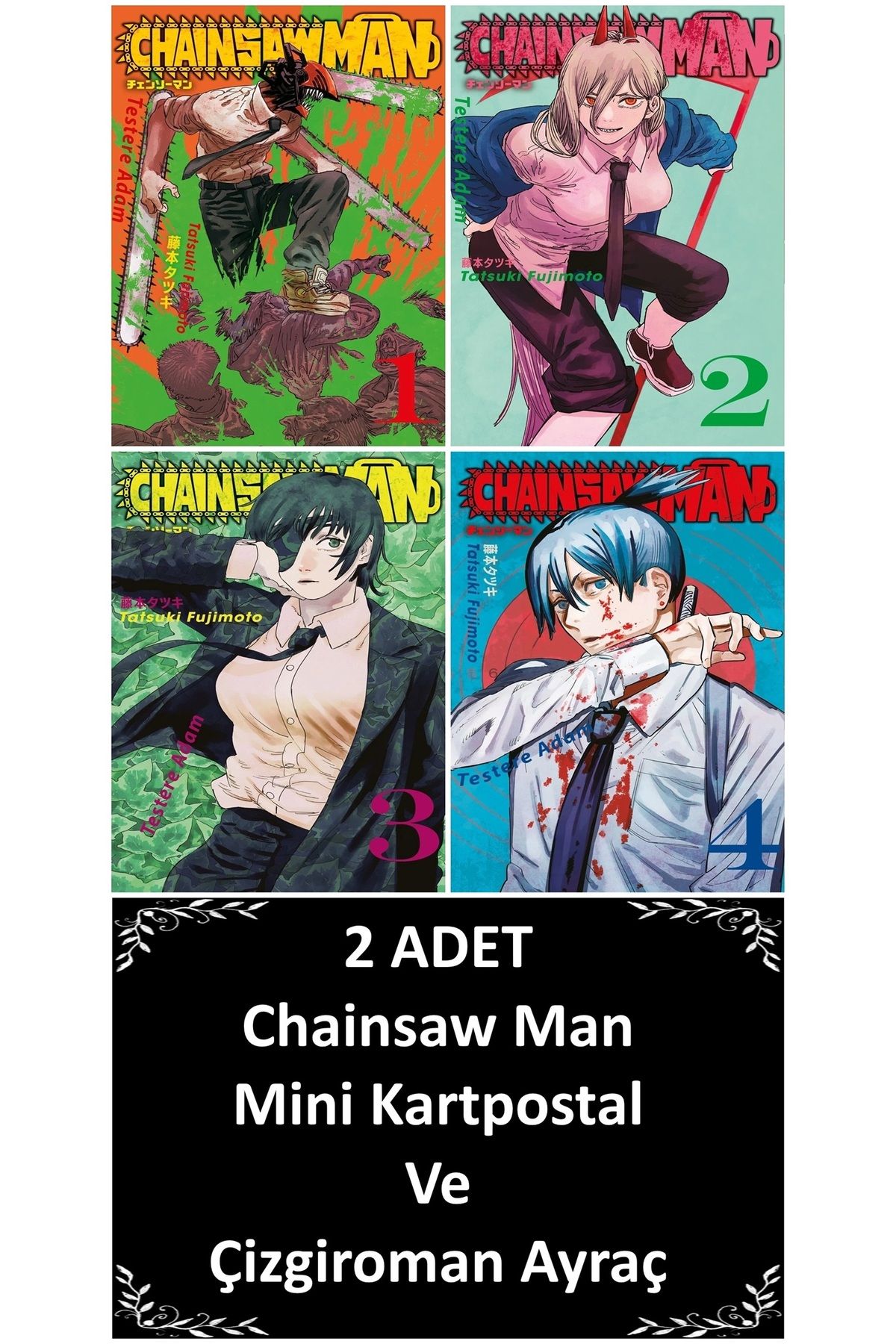 Gerekli Şeyler Yayıncılık Chainsaw Man 1-2-3-4. Ciltler 4 Kitap | Chainsaw Man Mini Kartpostal Ve Çizgiroman Ayraç