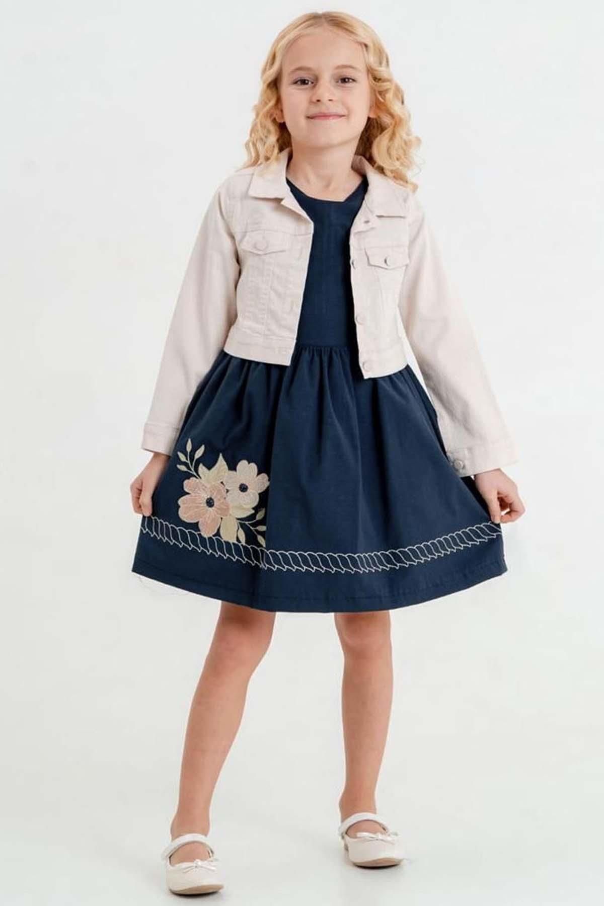Riccotarz Kız Çocuk Üzerinde Jeans Ceket ve Çiçek Dikiş İşlemeli Lacivert Elbise