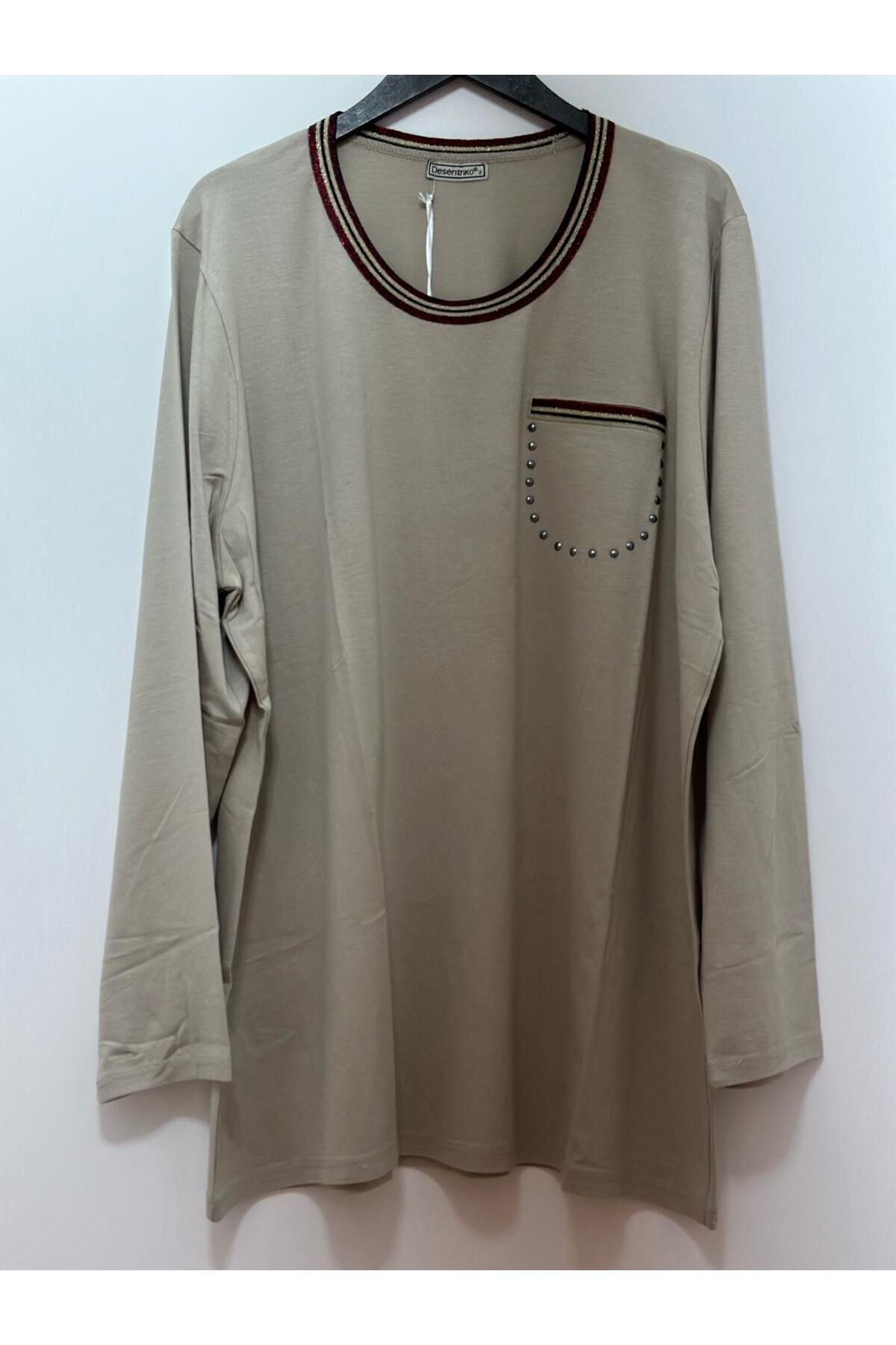 Desen Triko Kadın Yakası Simli Cep Detay  Uzun Kol Penye Bluz