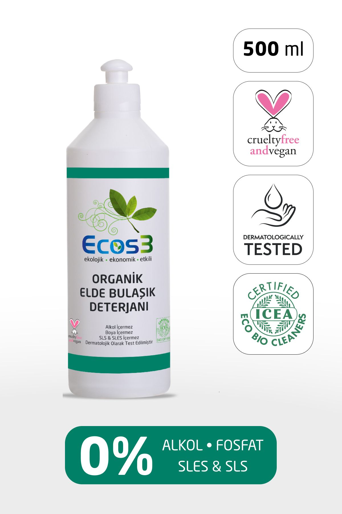 Ecos3 Elde Bulaşık Deterjanı, Organik & Vegan Sertifikalı, Ekolojik, Hipoalerjenik, Aloe Vera’lı, 500 ml