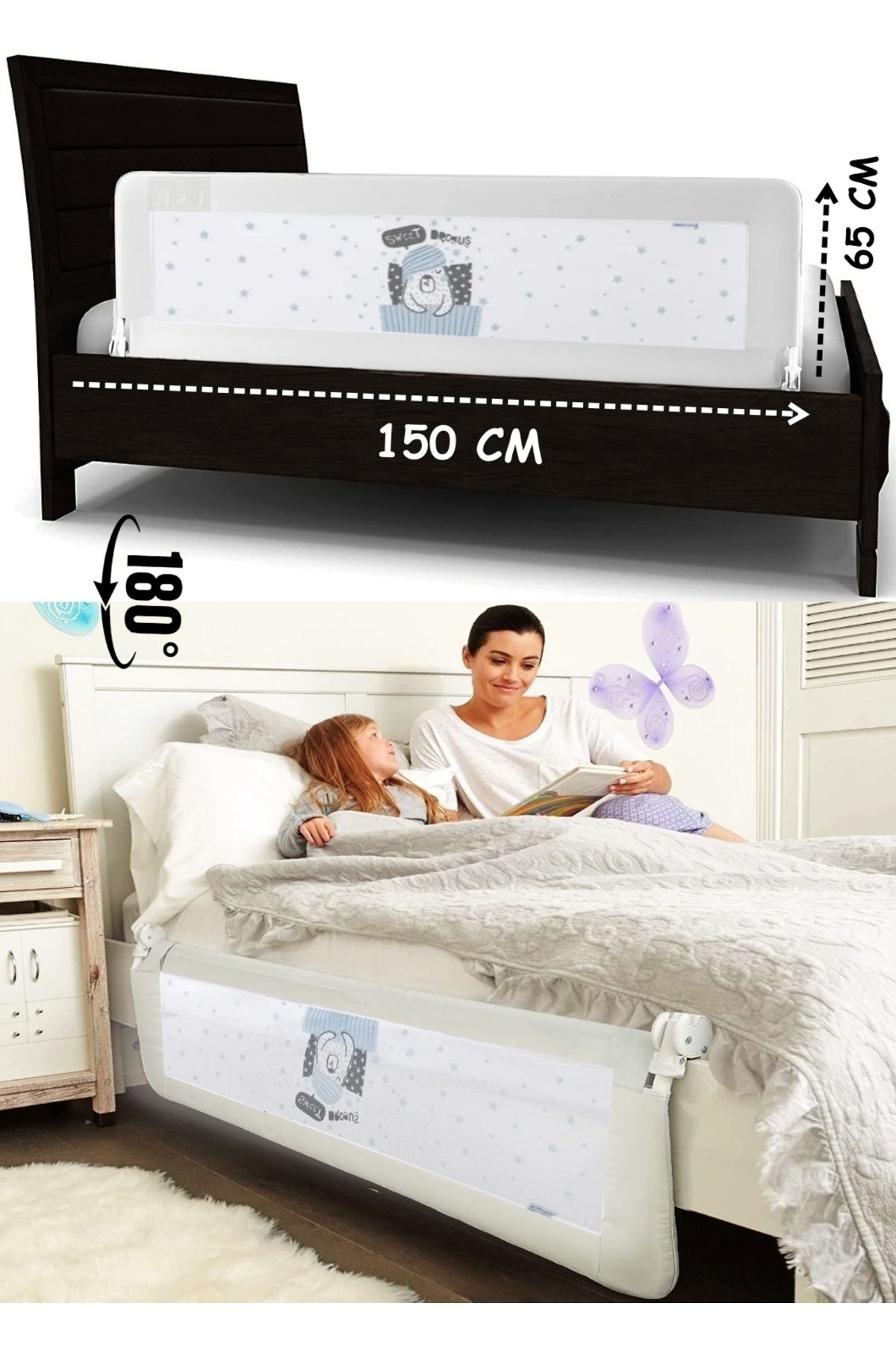 ESY LİNE Bebek Çocuk Koruyucu Yatak Bariyeri Korkuluğu 150x65 cm Katlanır Baza Güvenlik Bariyeri