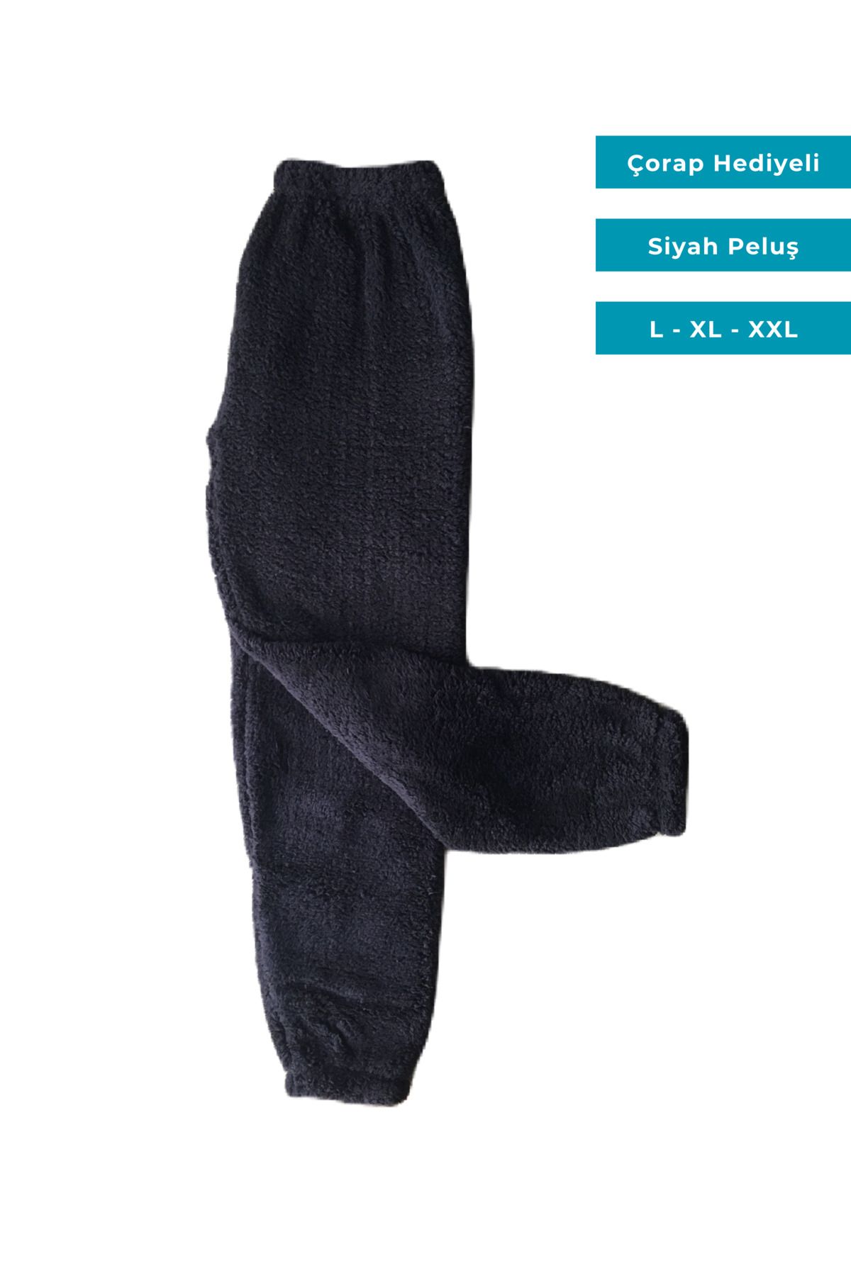 Ece Kadın Dar Paça Siyah Renk Peluş Pijama Alt Çorap Hediyeli