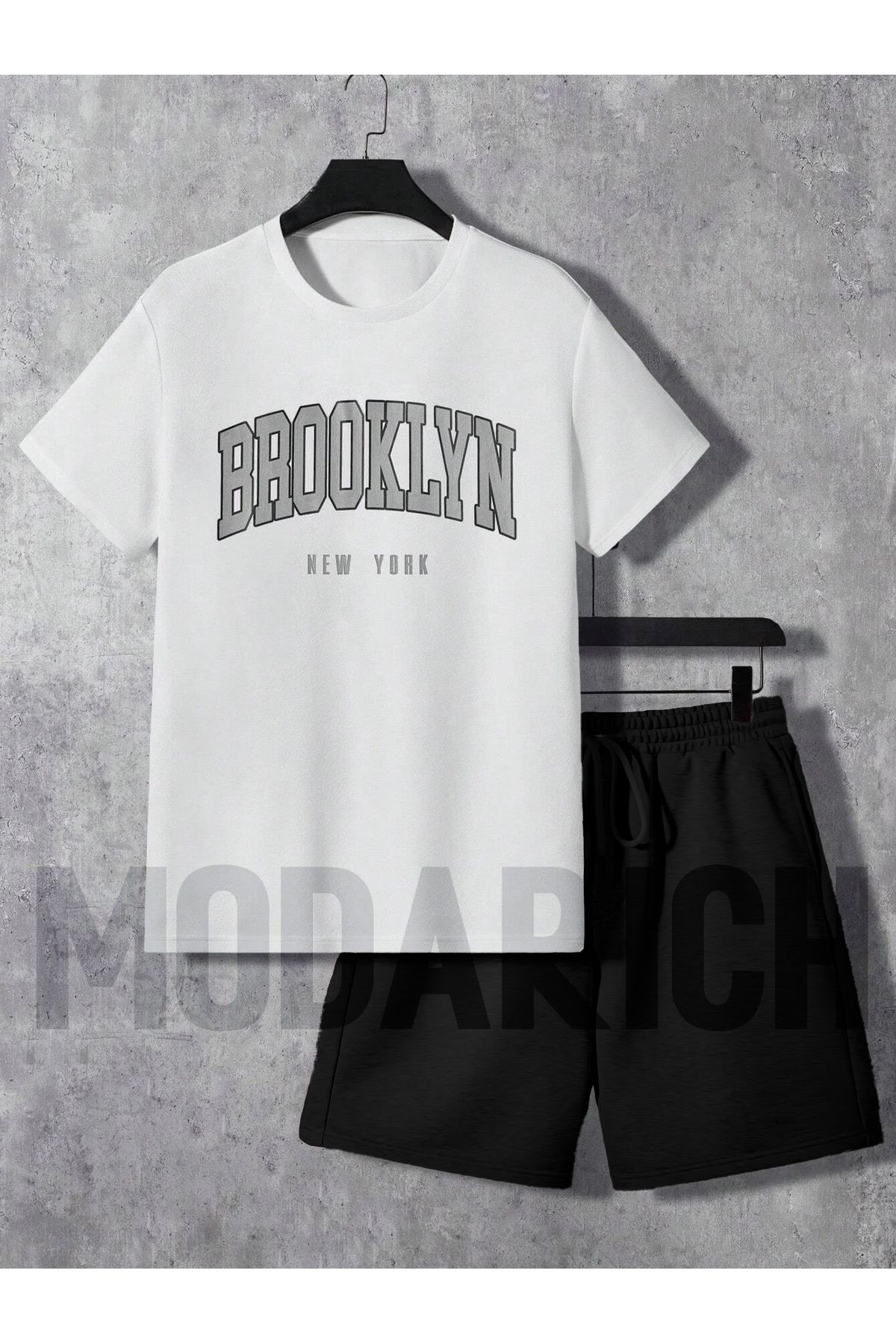 MODARİCH Brooklyn New York Beyaz T-Shirt Siyah Şort - Şortlu Tişört Alt Üst Takım Baskılı Bisiklet Yaka