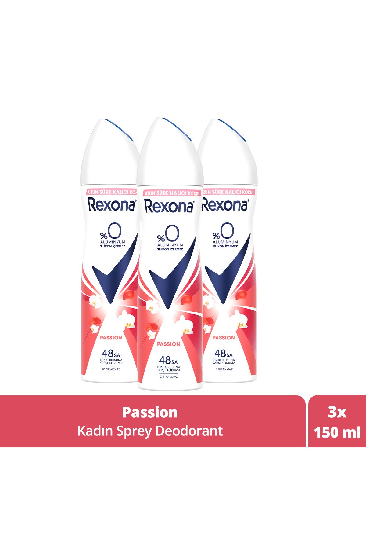 Rexona Kadın Sprey Deodorant Passion %0 Alüminyum 48 Saat Ter Kokusuna Karşı Koruma 150 ml X3