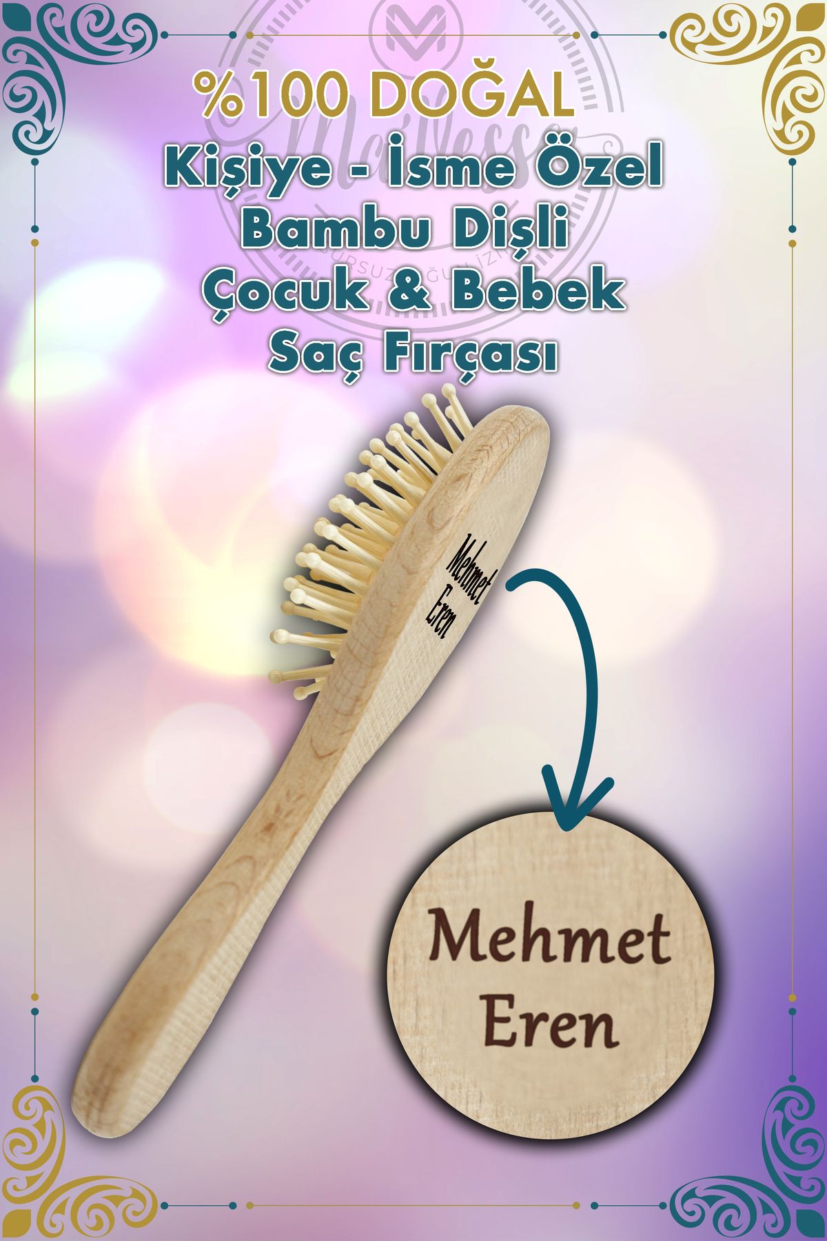 Genel Markalar İsme Özel Doğal Bambu Dişli Bebek & Çocuk Saç Fırçası - Bambu Tarak (SAKLAMA KESESİ HEDİYELİ)