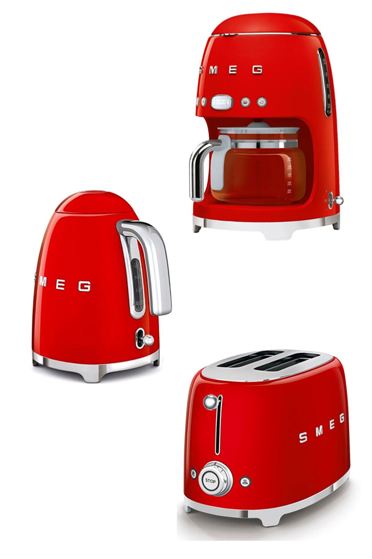 Smeg 50's Style Kırmızı Kettle - 1x2 Ekmek Kızartma Makinesi Ve Filtre Kahve Makine Seti