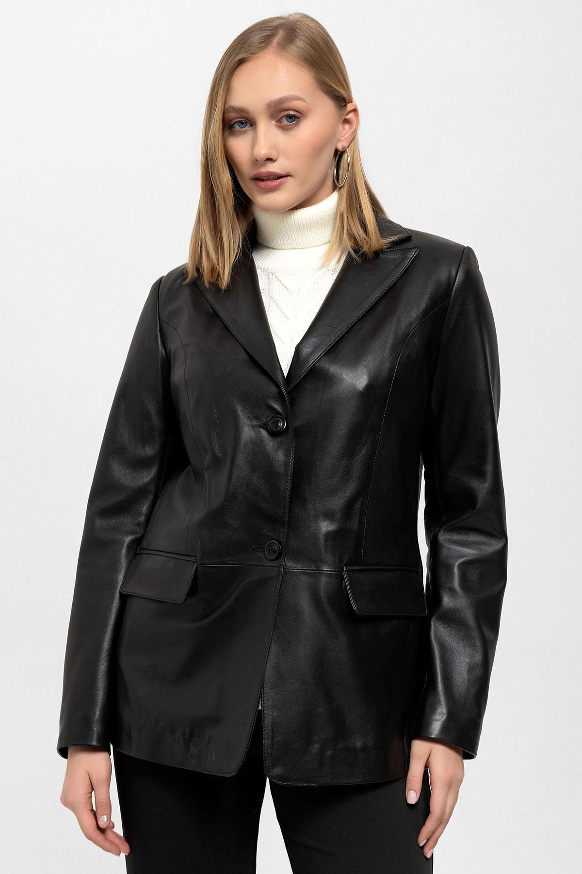 Deriderim Louisa Siyah Blazer Kadın Hakiki Deri Ceket