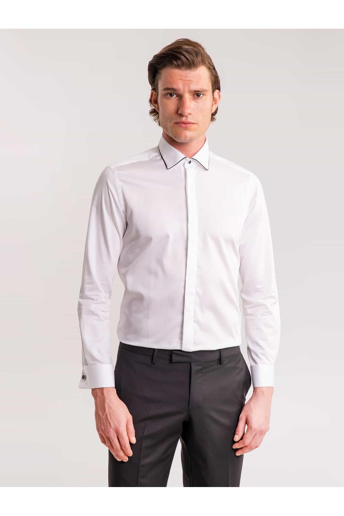 Dufy Beyaz Erkek Slim Fit Düz Brent Yaka Uzun Kol Gömlek - 60895