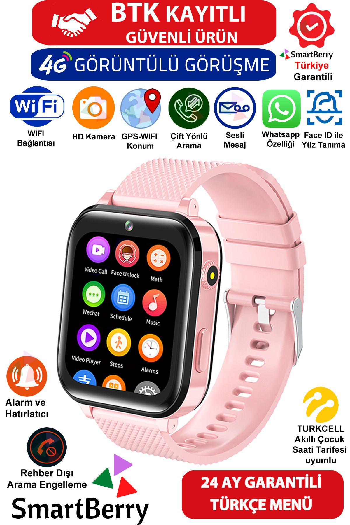 Smartberry Z90 Pro Andorid 4g Görüntülü Görüşme Gps Wıfı Konum Akıllı Çocuk Takip Saati Sim Kartlı-pembe