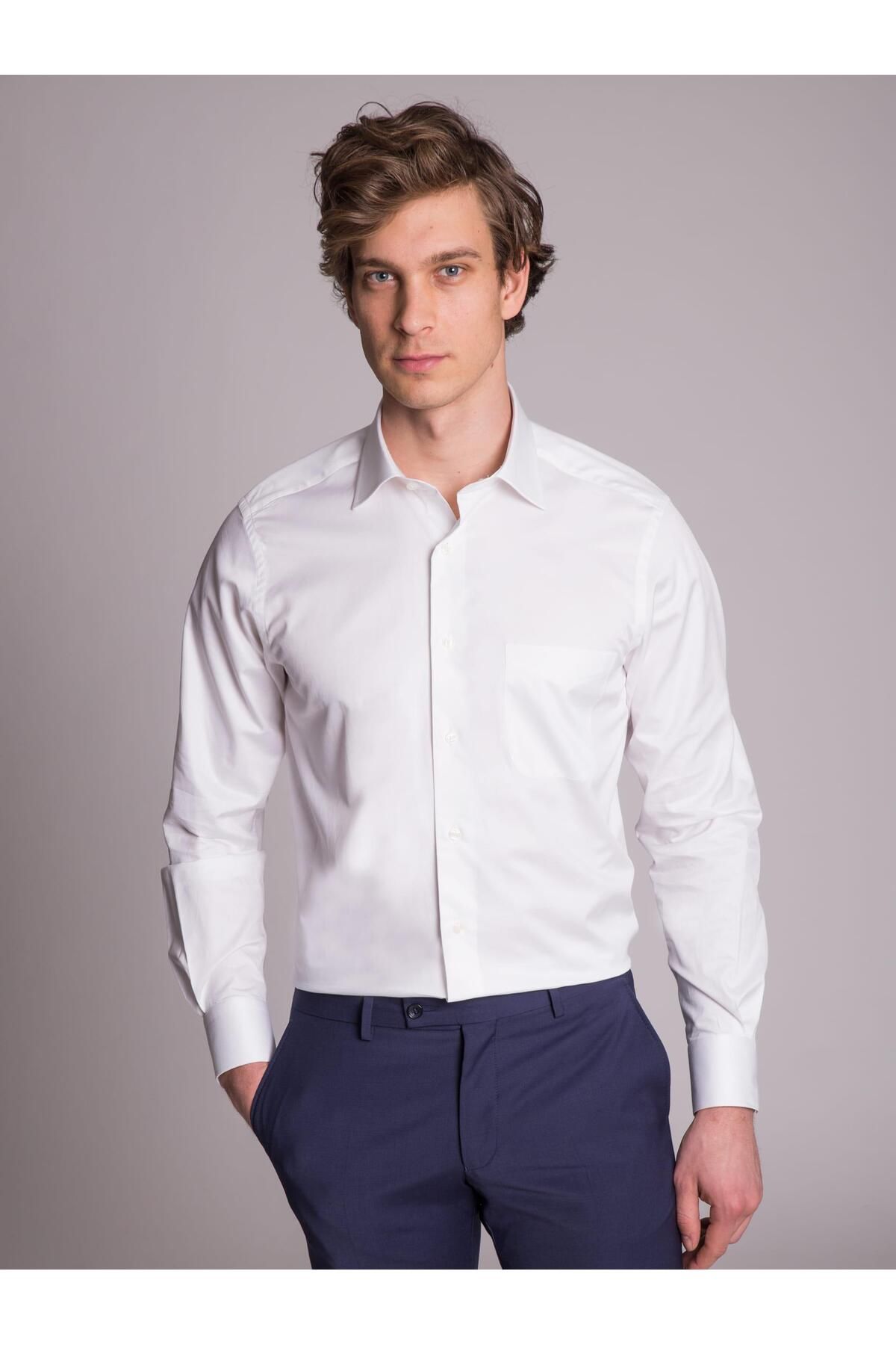 Dufy Beyaz Erkek Regular Fit Düz Klasik Yaka Uzun Kol Gömlek - 35852