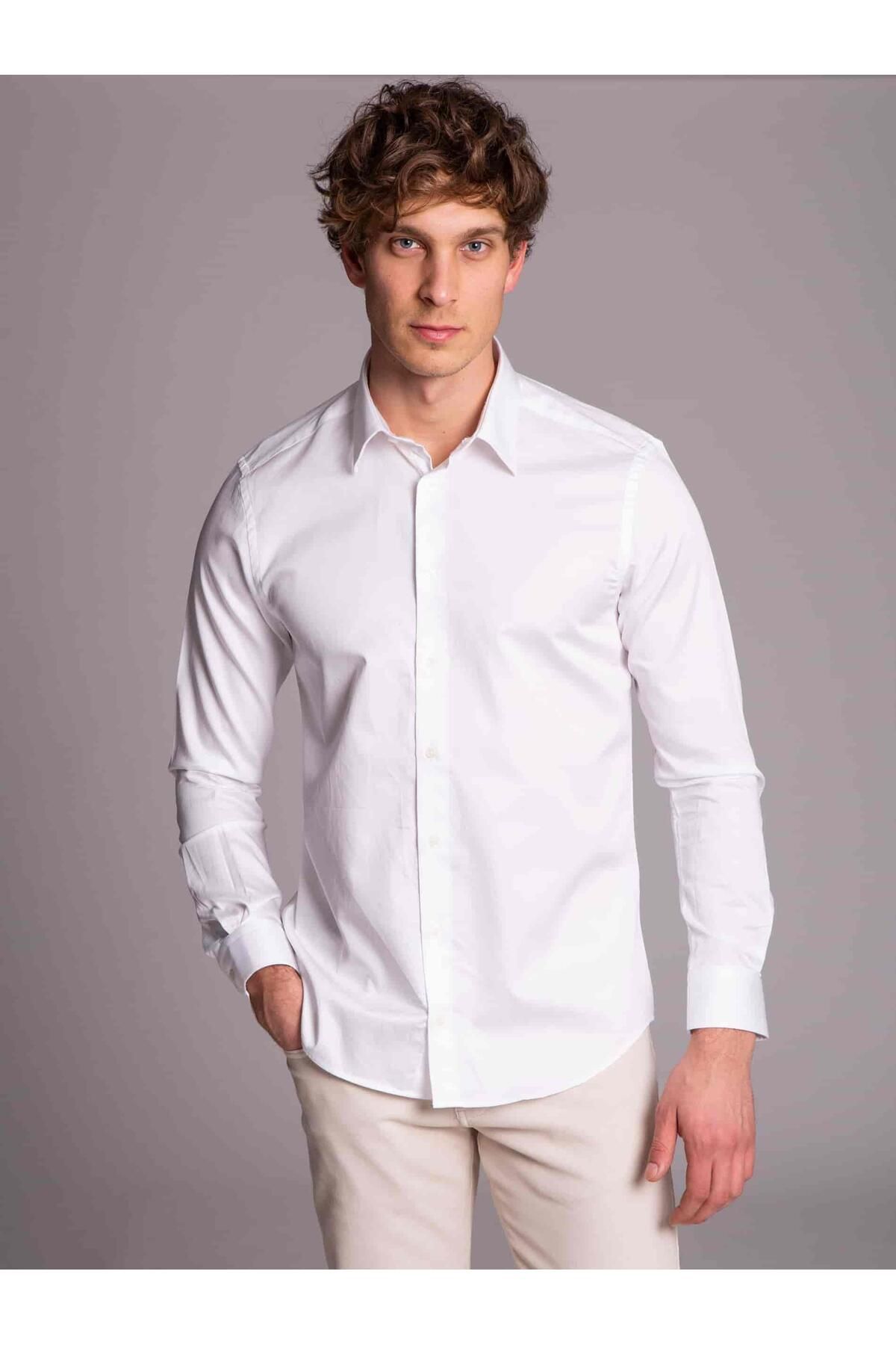 Dufy Beyaz Erkek Slim Fit Düz Klasik Yaka Uzun Kol Gömlek - 35920